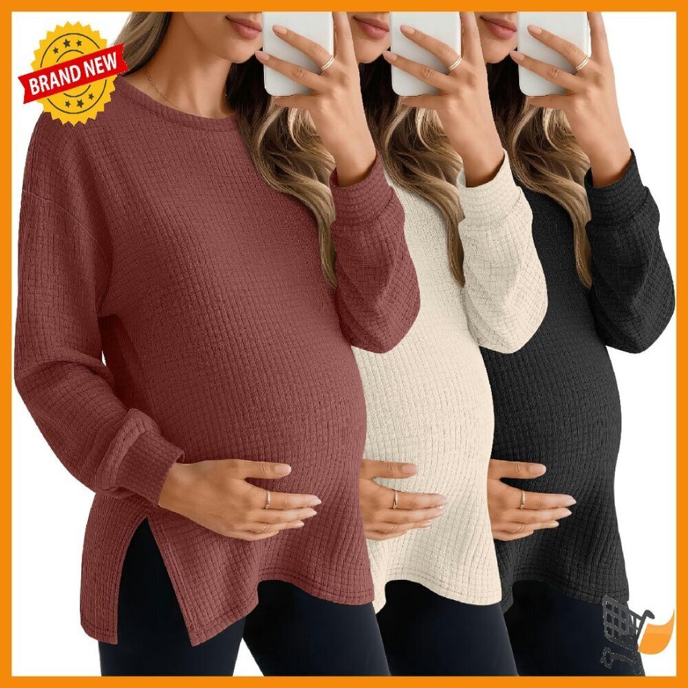 3 Pack Maternity Waffle Knit Long Sleeve Tops Side Split Oversized Fit